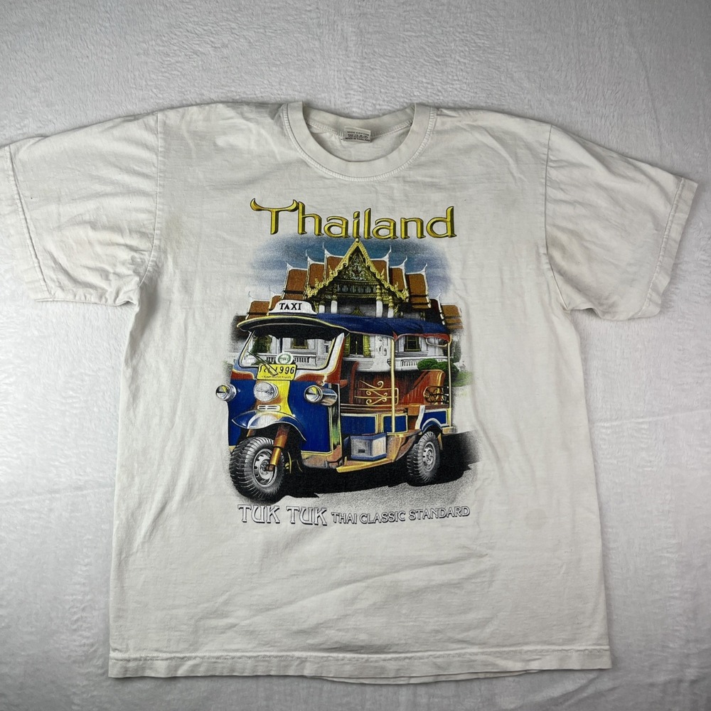 VTG Thailand Classic T Shirt Mens Large White Tuk Tuk Taxi Graphic Print